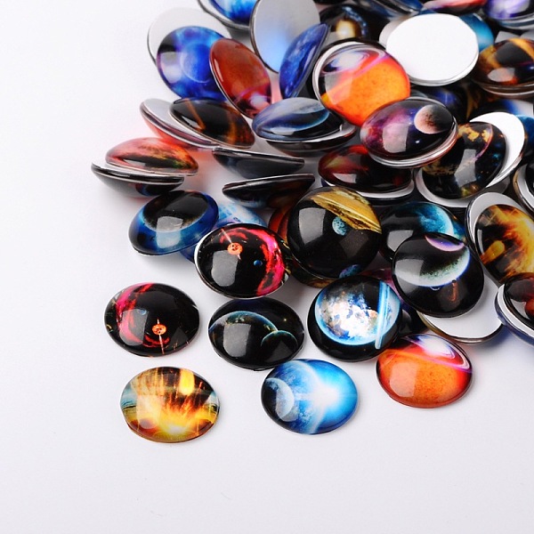 

PandaHall Starry Sky Printed Glass Half Round/Dome Cabochons, Mixed Color, 25x7mm Glass Half Round Multicolor