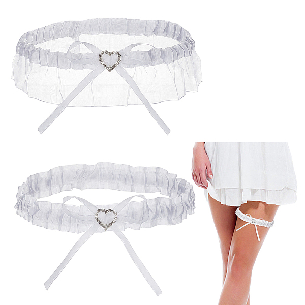 PandaHall Polyester Lace Bridal Garters, with Crystal Rhinestone Heart, Women's Wedding Clothes Accessories, White, 334~380x25~50mm...