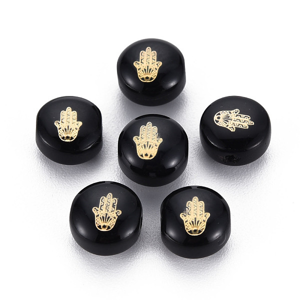 

PandaHall Handmade Lampwork Beads, with Golden Plated Brass Etched Metal Embellishments, Flat Round with Hand, Black, 8x5~6mm, Hole: 0.8mm...