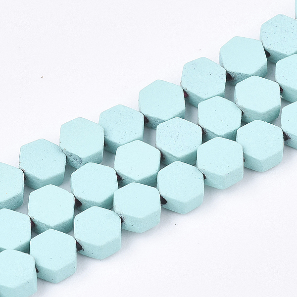 

PandaHall Spray Painted Non-magnetic Synthetic Hematite Beads Strands, Hexagon, Aqua, 4.5x4x2mm, Hole: 1mm, about 90pcs/strand, 15.7 inch..., Cyan