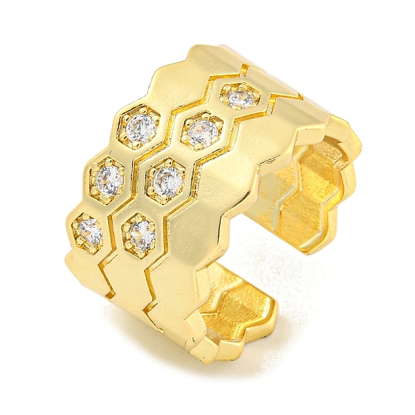 Brass Micro Pave Clear Cubic Zirconia Hexagon Open Cuff Ring