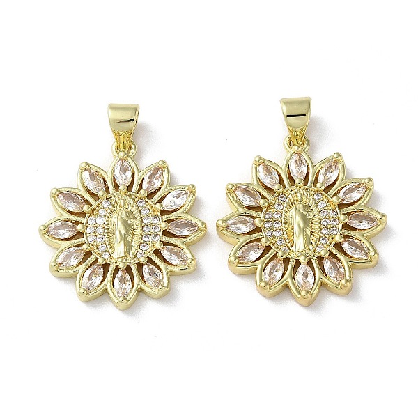 

PandaHall Rack Plating Brass Cubic Zirconia Pendants, Lead Free & Cadmium Free, Flower with Saint, Real 18K Gold Plated, 22x20x3mm, Hole..., Clear