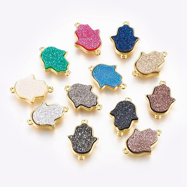 

PandaHall Brass Links connectors, with Druzy Resin, Hamsa Hand/Hand of Fatima/Hand of Miriam, Golden, Mixed Color, 23x16.5x5~5.5mm, Hole..., Multicolor