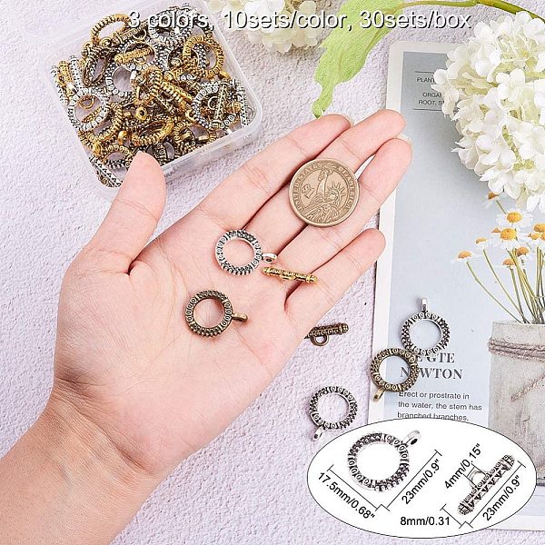 

PandaHall 30 Sets 3 Colors Tibetan Style Alloy Toggle Clasps Connectors for Bracelet Jewelry Making Antique Golden Antique Silver Antique...
