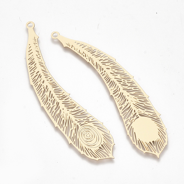 

PandaHall Brass Big Pendants, Etched Metal Embellishments, Feather, Light Gold, 65x15x0.3mm, Hole: 1.8mm Brass Feather