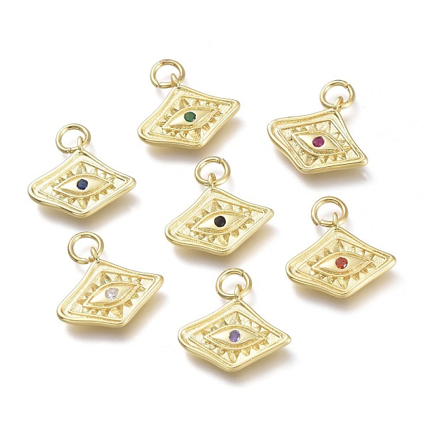 

PandaHall Brass Micro Pave Cubic Zirconia Pendants, with Jump Rings, Diamond with Evil Eye, Real 18K Gold Plated, Mixed Color, 13x15x2mm..., Multicolor
