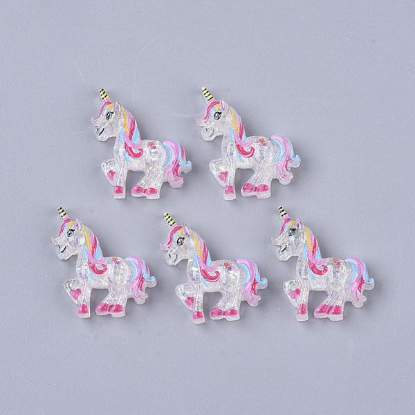 PandaHall Resin Cabochons, with Glitter Sequins, Unicorn, Colorful, 22~23x21~22x5.5mm Resin Unicorn