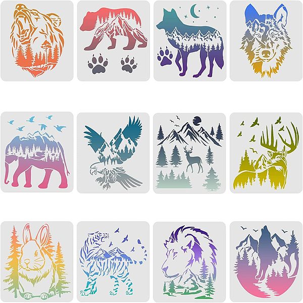 PandaHall FINGERINSPIRE 12PCS/Set Bear Deer Eagle Rabbit Wolf Stencils, 11.8x11.8 Inch Tiger Elephant Claw Animal Stencils for Drawing...
