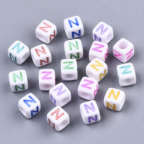 

PandaHall Opaque White Acrylic Beads, with Enamel, Horizontal Hole, Cube with Mixed Color Letter, Letter.N, 6x6x6mm, Hole: 3mm, about..., Multicolor