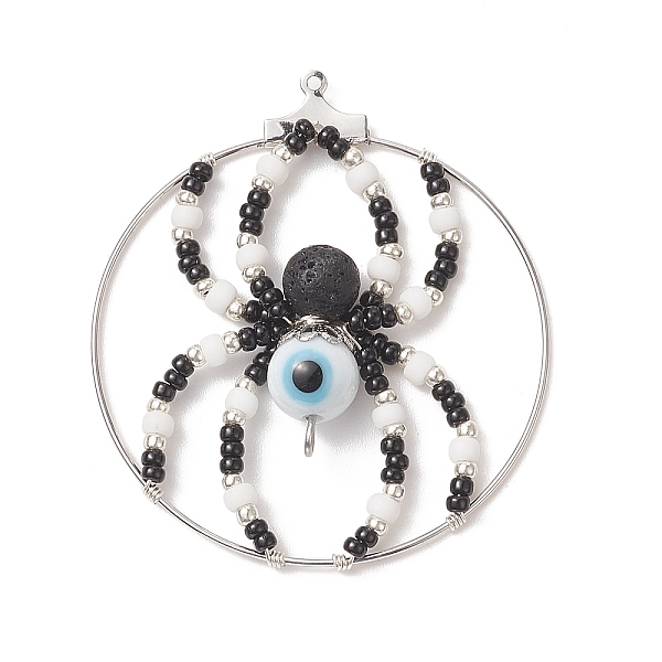 

PandaHall Brass Pendants, with Glass Seed & Evil Eye Lampwork & Natural Lava Rock Beads, Ring with Spider Charms, White, 44~48x40~43x8mm...