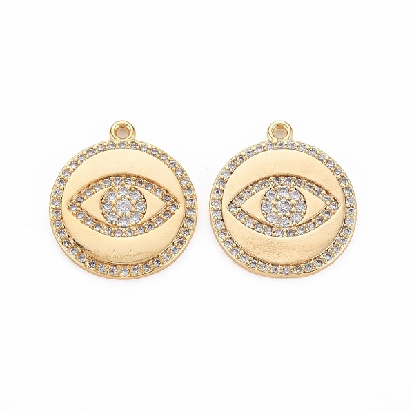

PandaHall Brass Micro Pave Clear Cubic Zirconia Pendants, Nickel Free, Flat Round with Eye, Real 18K Gold Plated, 19x17x2.5mm, Hole: 1.2mm...