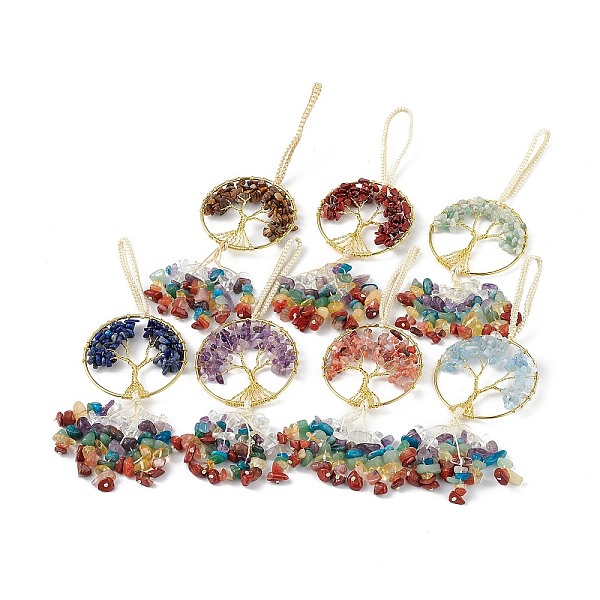 

PandaHall Natural Mixed Gemstone Chips Tree of Life with Chips Tassel Big Pendant Decorations, with Golden Brass Wires Wrap Findings and...