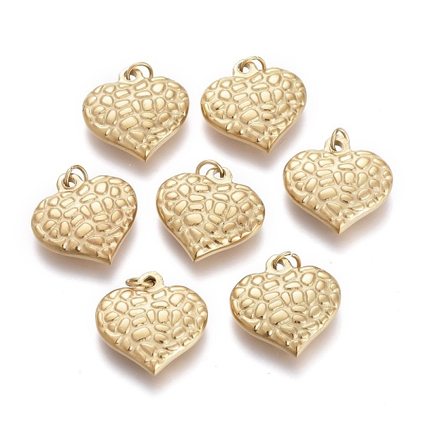 

PandaHall Ion Plating(IP) 304 Stainless Steel Pendants, with Jump Ring, Textured, Heart, Golden, 15x15x3.5mm, Hole: 2.8mm 304 Stainless...