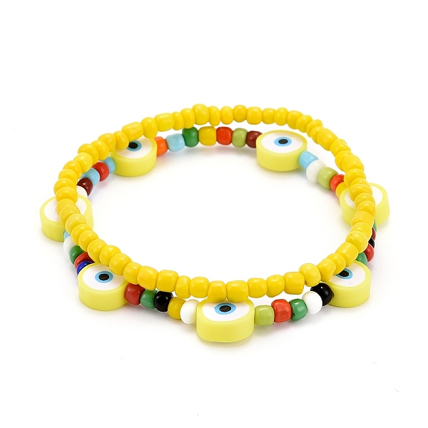 

PandaHall Glass Seed Beads Stretch Bracelets, with Polymer Clay Eye Beads, Yellow, Inner Diameter: 2-1/8~2-1/4 inch(5.3~5.8cm), 2pcs/set...