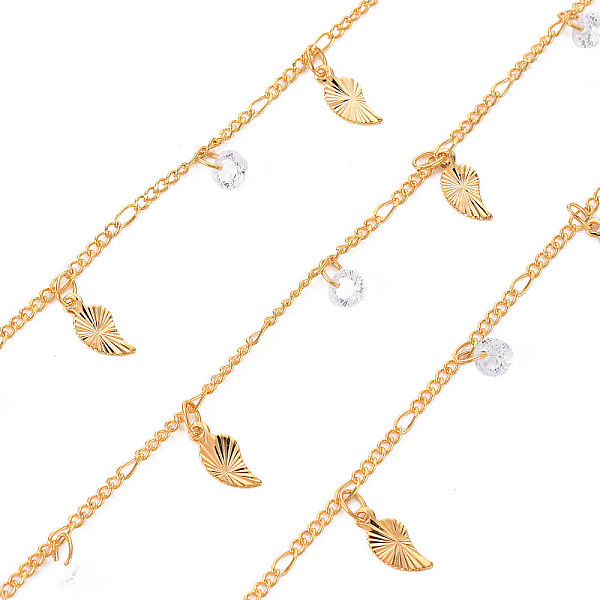 

PandaHall Handmade Brass Curb Chains, with Cubic Zirconia Charms, Soldered, Spool, Leaf, Real 18K Gold Plated, 3.3x1.5x0.3mm and 2x1.4x0.3mm..., Clear