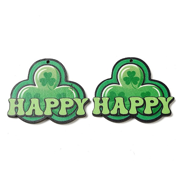 

PandaHall Saint Patrick's Day Single Face Printed Wood Big Pendants, Clover Charms with Word Happy, Green, 41.5x51x2.5mm, Hole: 2mm Wood...