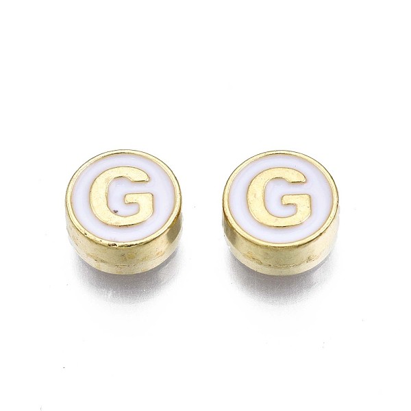 

PandaHall Alloy Enamel Beads, Cadmium Free & Lead Free, Light Gold, Flat Round with Alphabet, White, Letter.G, 8x4mm, Hole: 1.5mm...