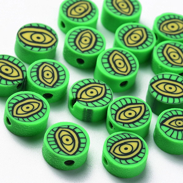 

PandaHall Handmade Polymer Clay Beads, Flat Round with Eye, Spring Green, 9~10x4~5mm, Hole: 1.8mm Polymer Clay Flat Round