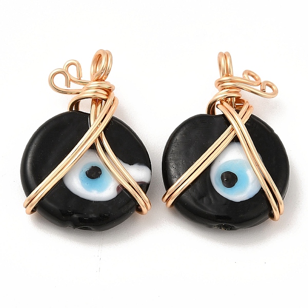 

PandaHall Wire Wrapped Handmade Lampwork Pendants, with Copper Findings, Real 18K Gold Plated, Long-Lasting Plated, Flat Round with Evil Eye..., Black