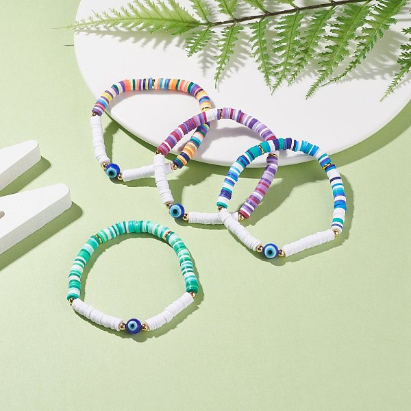 

PandaHall 4Pcs Handmade Polymer Clay Heishi Surfer Stretch Bracelets Set, Lampwork Evil Eye Round Beaded Preppy Bracelet Women, Turquoise..., Green