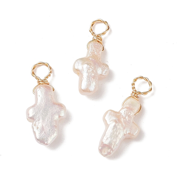 

PandaHall Natural Keshi Pearl Pendants, Religion Cross Charm, Cultured Freshwater Pearl, with Light Gold Tone Copper Wire Wrapped, Seashell...