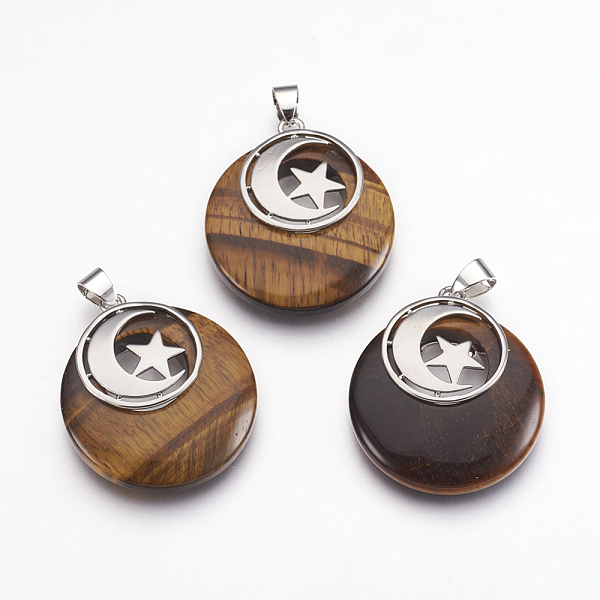 

PandaHall Natural Tiger Eye Pendants, with Platinum Tone Brass Findings, Flat Round with Moon and Star, 32x28x7mm, Hole: 4x5mm Tiger Eye..., Brown