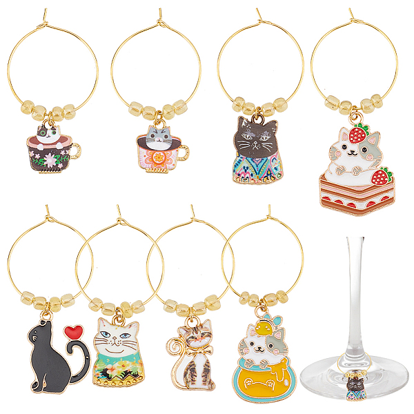 PandaHall 1 Set Cat Alloy Enamel Wine Glass Charms, with Glass Seed Beads and Brass Hoops, Mixed Color, 46~61mm, 8 styles, 1pc/style...