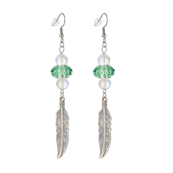 

PandaHall Feather with Round Beads Long Dangle Earrings for Girl Women, Antique Silver, Green, 95.5mm, Pin: 0.7mm Glass Green