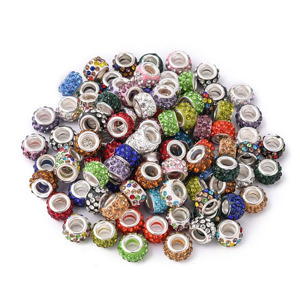 Polymer Clay Rhinestone European Large Hole Beads with Silver Color Plated Brass Cores, Rondelle, Mixed Color, 11-12x7-7.5mm, Hole: 5mm