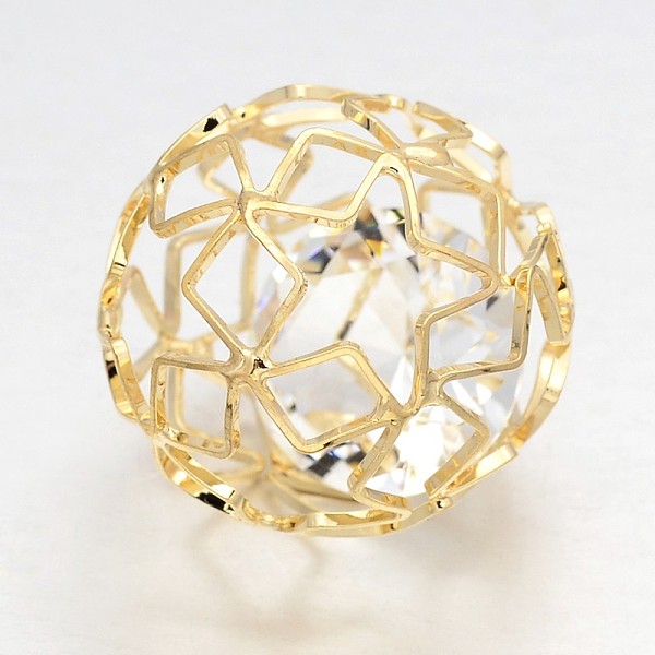 

PandaHall Hollow Round Brass Filigree Beads, with Clear Glass Diamond Beads inside, Light Gold, 28mm Brass Round