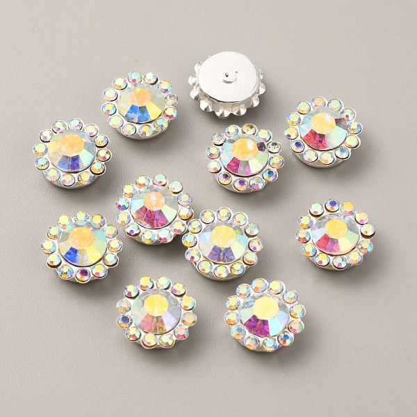 

PandaHall Glass Rhinestone Cabochons, with Silver Color Plated Brass Findings, Flower, Clear AB, 12x5.5mm Brass+Rhinestone Flower White