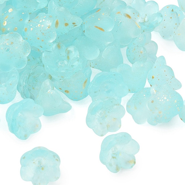 Frosted Glass Bead Cap, 6-Petal Flower, with Gold Powder, Cyan, 11x12x8mm, Hole: 1.4mm, about 1333pcs/1000g