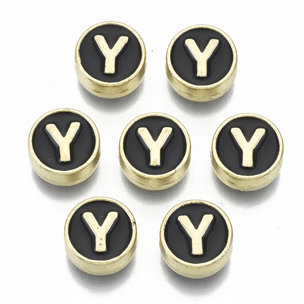 

PandaHall Alloy Enamel Beads, Cadmium Free & Nickel Free & Lead Free, Flat Round with Initial Letters, Light Gold, Letter.Y, 8x4mm, Hole..., Black