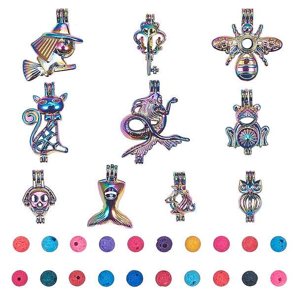 PandaHall DIY Pendants Making, with Plated Alloy Bead Cage Pendants and Natural Lava Rock Beads, Mixed Shapes, Colorful, 7.4x7.2x1.7cm...