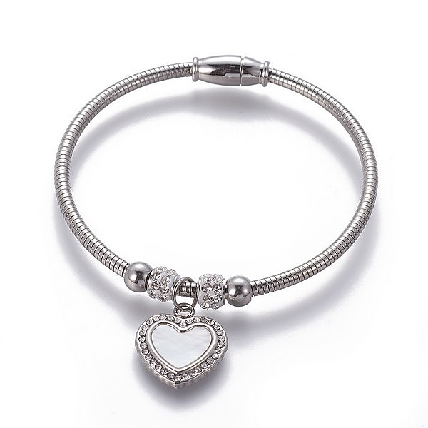

PandaHall 304 Stainless Steel Charms Bangles, with Polymer Clay Rhinestone, Shell and Magnetic Clasps, Heart, Stainless Steel Color, 2-1/4..., White