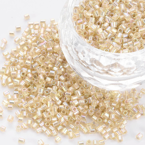 

PandaHall Glass Bugle Beads, Silver Lined Colours Rainbow, Pale Goldenrod, 2.5~3x2mm, Hole: 0.9mm, about 15000pcs/pound Glass