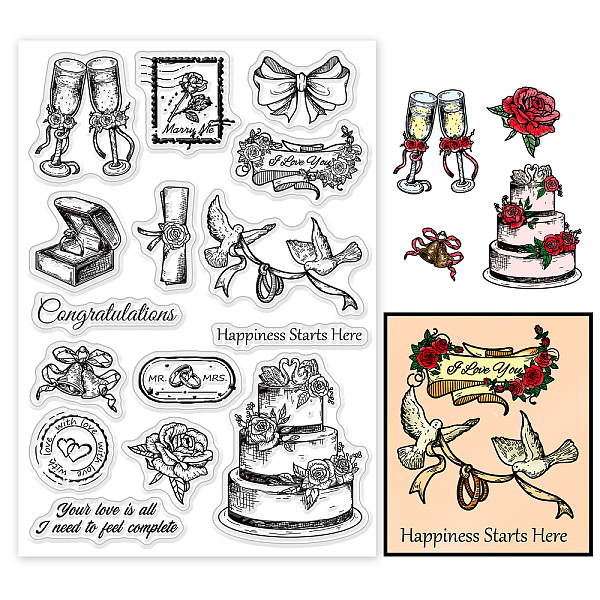 PandaHall PH Wedding Themed Clear Stamp Wedding Champaign Pigeon Cake Ring Rose Silicone Rubber Stamp Transparent Seal Stamp for Wedding...