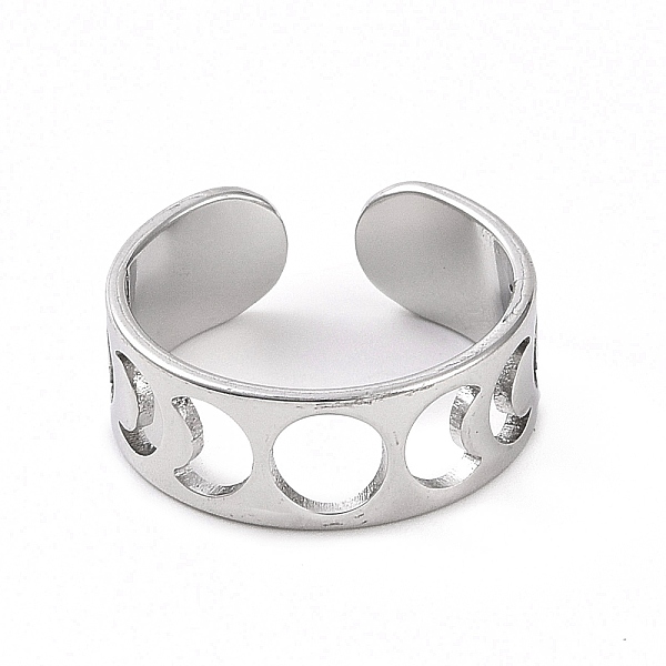 304 Stainless Steel Hollow Out Moon Phase Open Cuff Ring For Women