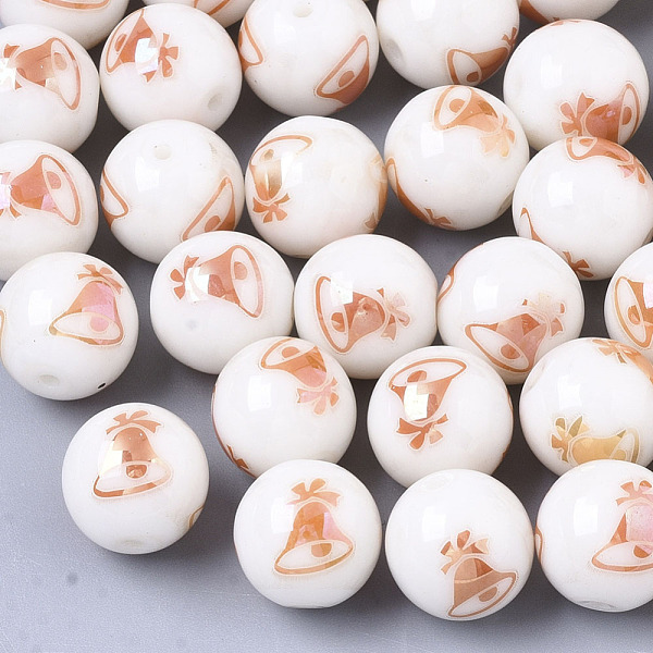 

PandaHall Christmas Opaque Glass Beads, Round with Electroplate Christmas Bell Pattern, Rainbow Plated, 10mm, Hole: 1.2mm Glass Round White