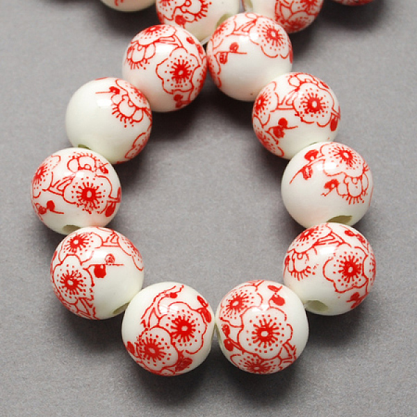 

PandaHall Handmade Printed Porcelain Beads, Round, Red, 12mm, Hole: 2mm Porcelain Round Red