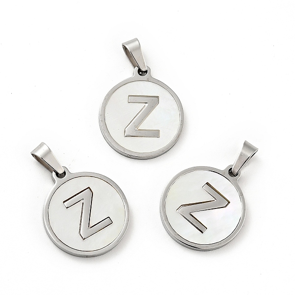 

PandaHall 304 Stainless Steel with White Shell Pendants, Stainless Steel Color, Flat Round with Letter Charm, Letter.Z, 18x16x1.5mm, Hole...