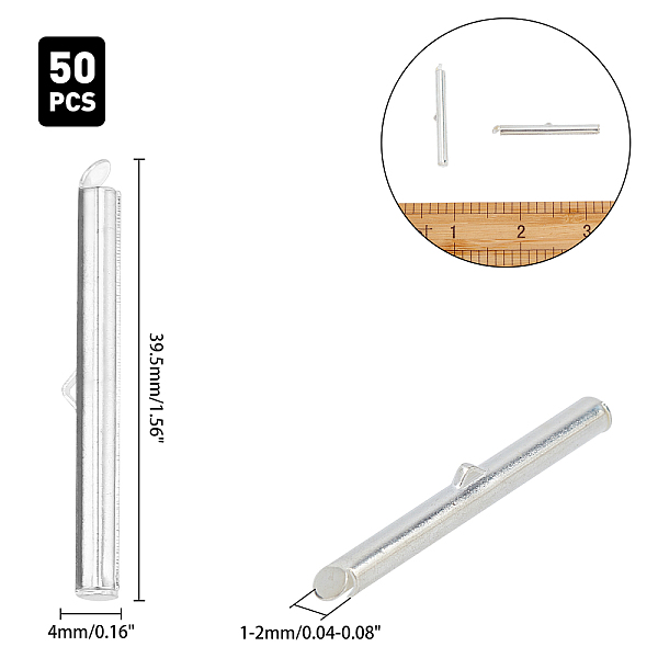 

PandaHall ARRICRAFT Brass Slide On End Clasp Tubes, Slider End Caps, Silver, 39.5x4mm, Hole: 1mm, Inner Diameter: 2mm, 50pcs/box Brass