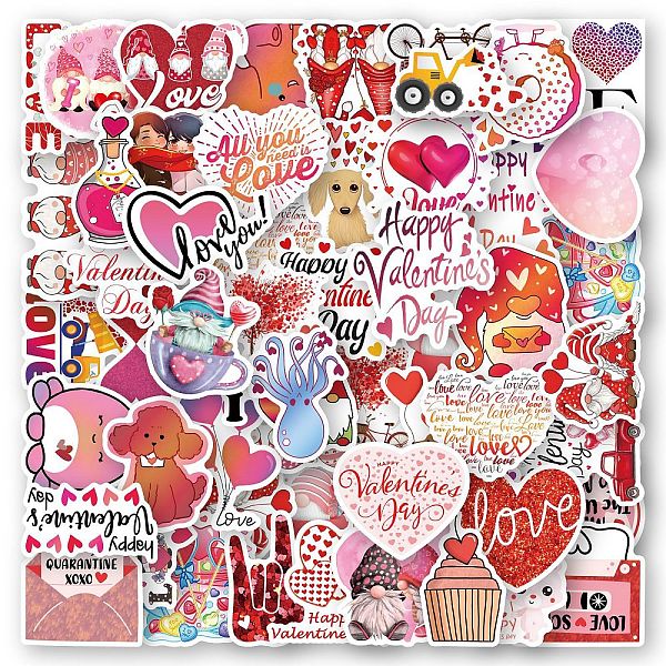 

PandaHall 50Pcs Valentine's Day Theme PVC Cartoon Stickers, Self-adhesive Waterproof Decals, for Suitcase, Skateboard, Refrigerator, Helmet..., Multicolor