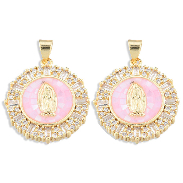 

PandaHall Brass Micro Pave Clear Cubic Zirconia Pendants, with Enamel and Shell, Real 18K Gold Plated, Nickel Free, Flat Round with Virgin..., Multicolor