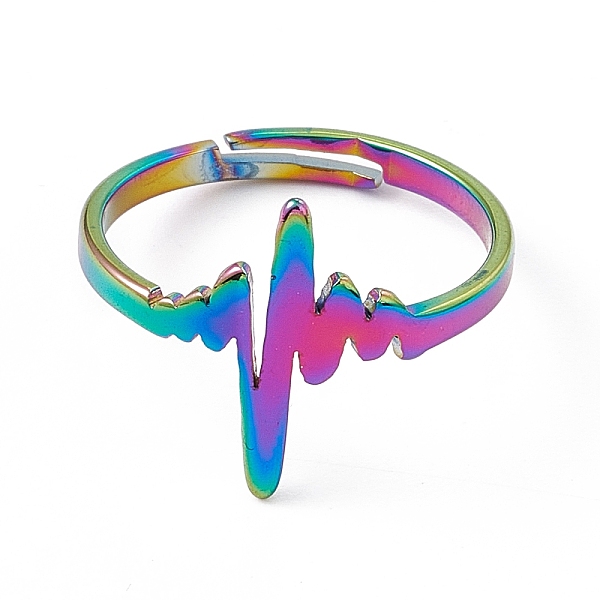 PandaHall Ion Plating(IP) 201 Stainless Steel Heart Beat Adjustable Ring for Women, Rainbow Color, US Size 6 1/4(16.7mm) 201 Stainless Steel