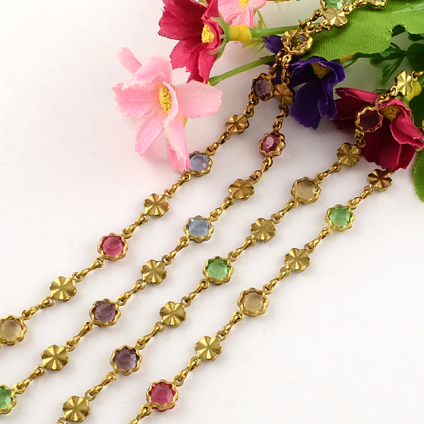 

PandaHall Handmade Nickel Free Raw(Unplated) Brass Beaded Chains, Unwelded, with Spool with Transparent Flower Glass Beads, Colorful, 6.5mm...