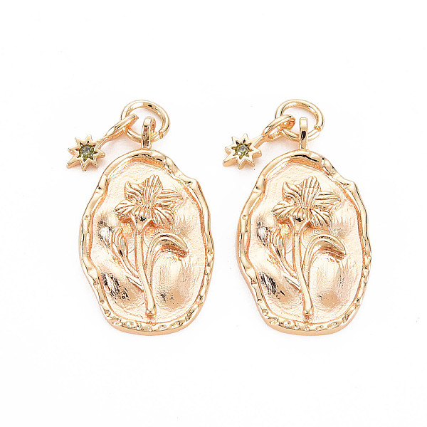 

PandaHall Brass Olivine Rhinestone Pendants, Birth Flower Charms, Nickel Free, Oval with Star, Real 18K Gold Plated, August Gladiolus..., Green
