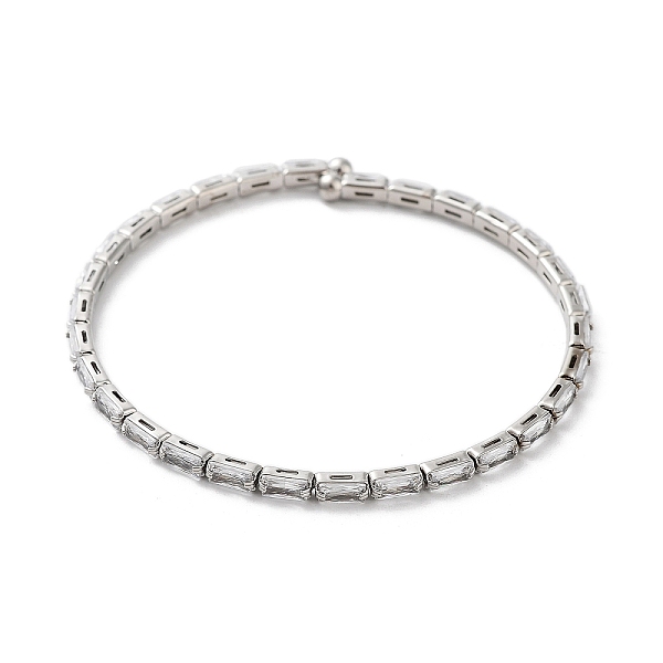 

PandaHall Platinum Brass Cuff Bangles, with Rectangle Cubic Zirconia, Clear, Inner Diameter: 2-1/8 inch(5.5cm) Cubic Zirconia Clear