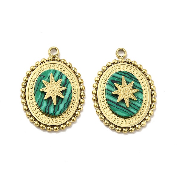 

PandaHall Natural Malachite Pendants, Eight Pointed Star Charm, with Golden Tone 304 Stainless Steel Findings, Oval Shape, 19x14x3.5mm, Hole...