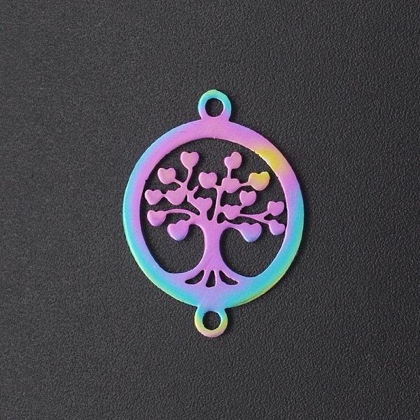 

PandaHall Ion Plating(IP) 201 Stainless Steel Links, Laser Cut, for Religion, Flat Round, with Tree of Life, Rainbow Color, 21x16x1mm, Hole...